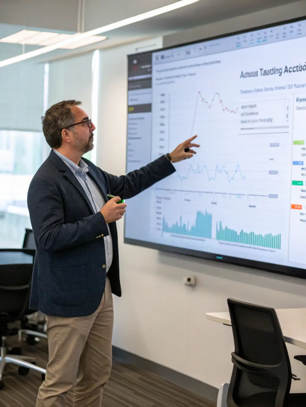 A professional presenting a machine learning model for economic planning, with a focus on data-driven decision-making and strategic asset allocation.
