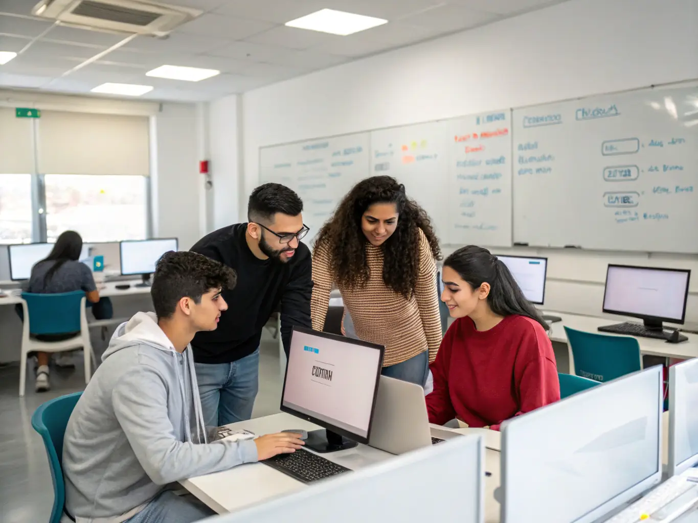 A diverse group of students is collaborating on a machine learning project, using a whiteboard to brainstorm ideas and discuss solutions. The image should highlight teamwork and the collaborative nature of machine learning projects.