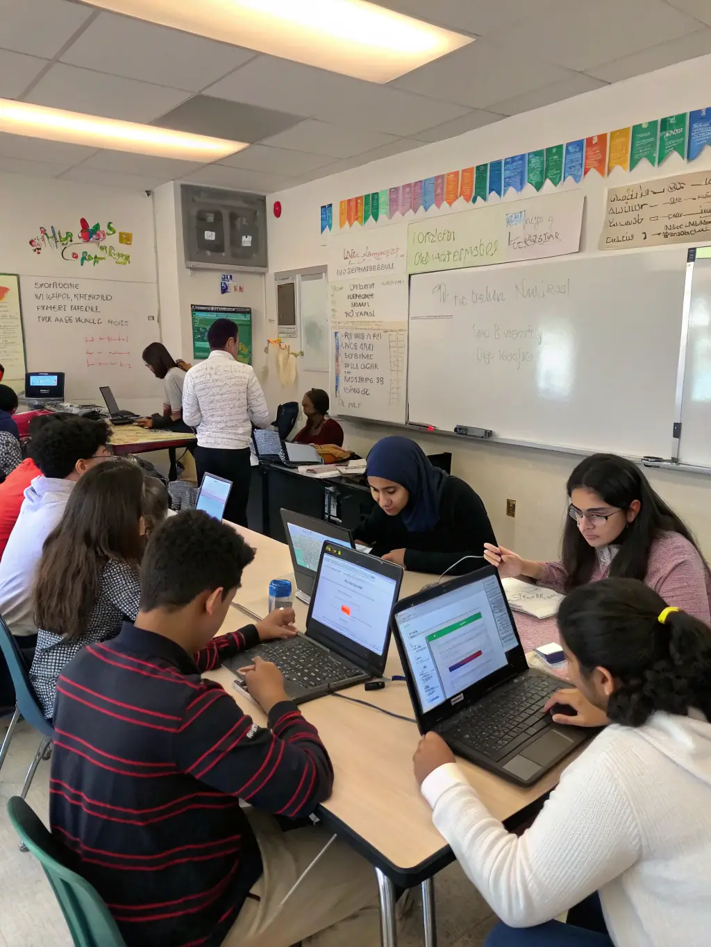 A photo of a classroom setting where students are actively participating in a hands-on machine learning workshop, led by a male instructor.