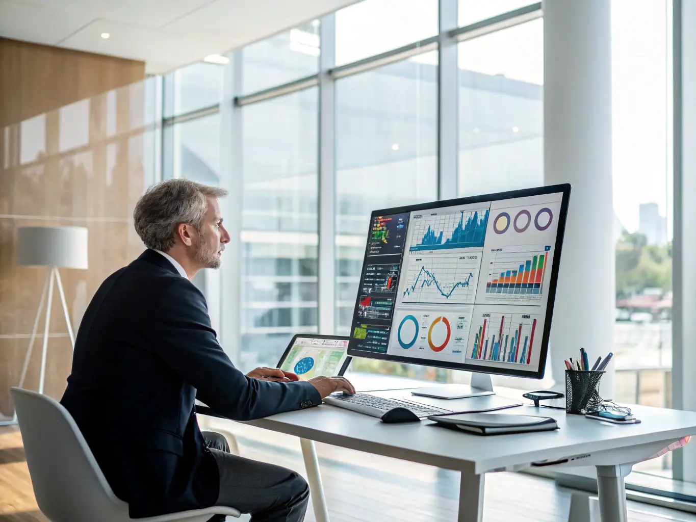 A professional is presenting a machine learning model's results on a large screen, showcasing its predictive capabilities for financial markets. The image should convey expertise and the practical application of machine learning in finance.