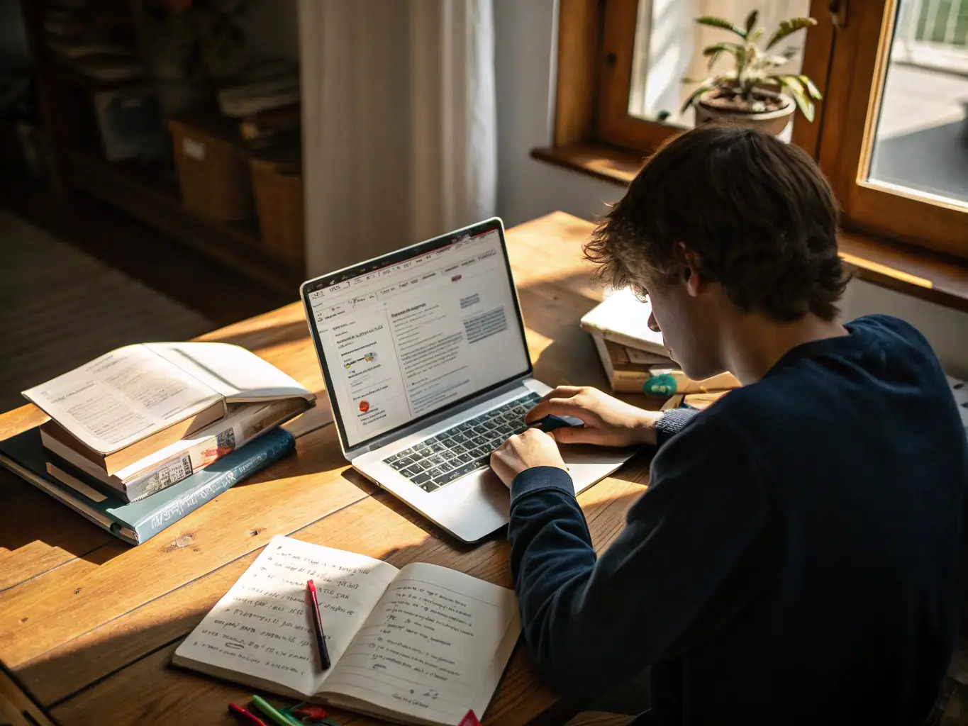 A focused student is working on a machine learning model on their laptop, surrounded by textbooks and notes, in a modern classroom setting. The image should convey concentration and the practical application of machine learning concepts.